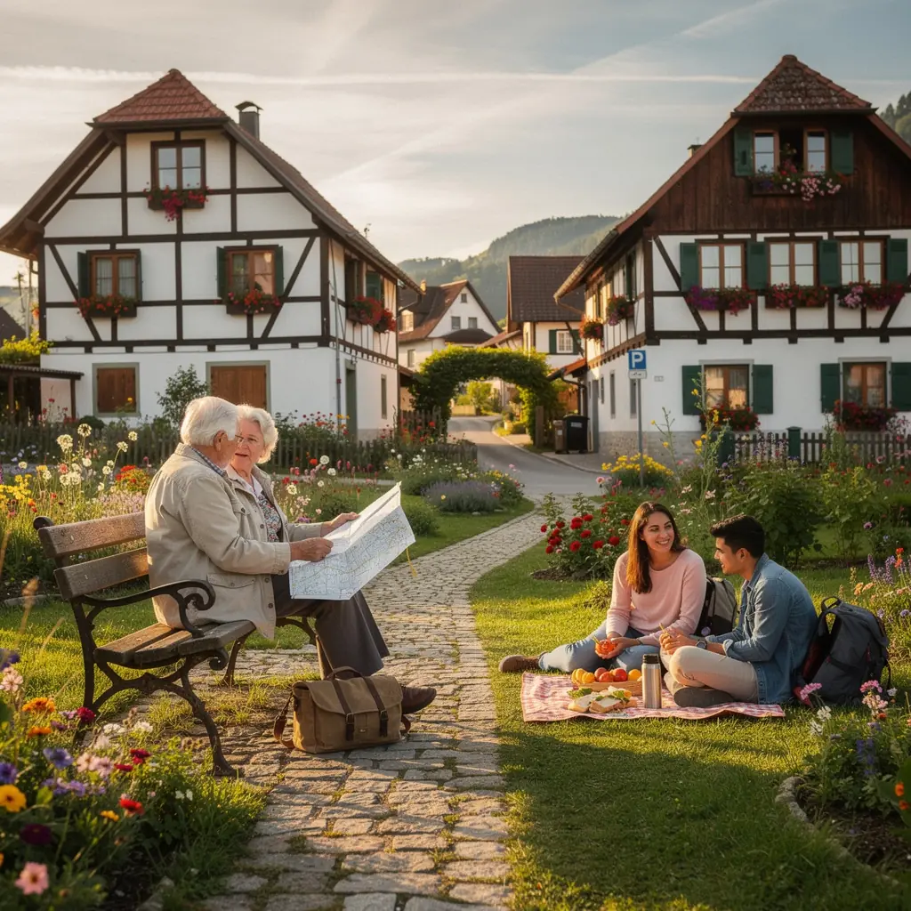 Eine malerische Landschaft in Deutschland mit sanften Hügeln und einem klaren blauen Himmel.